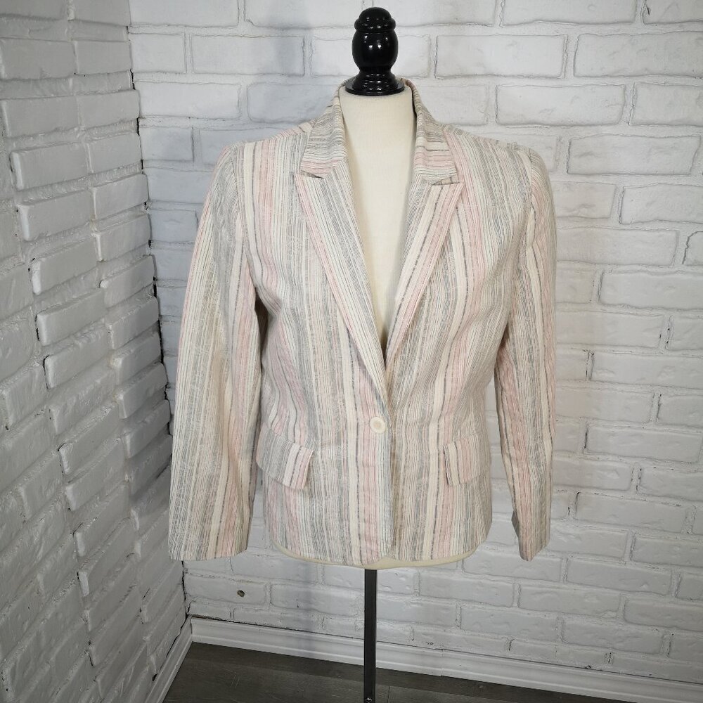 Jessica Sport Ladies Size 14 Grey Burgundy Off White Striped Lined Blazer